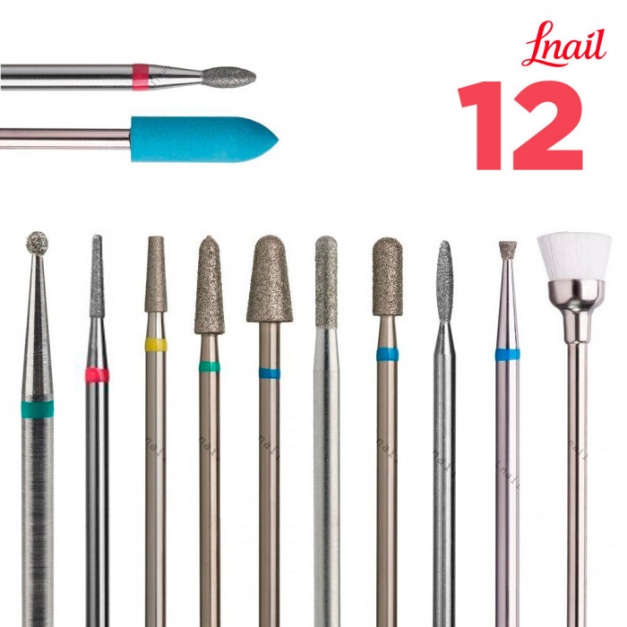 Lnail Premium Diamond Bit Set 02 with 12 tools for manicure, nail prep, cleaning and professional salon work