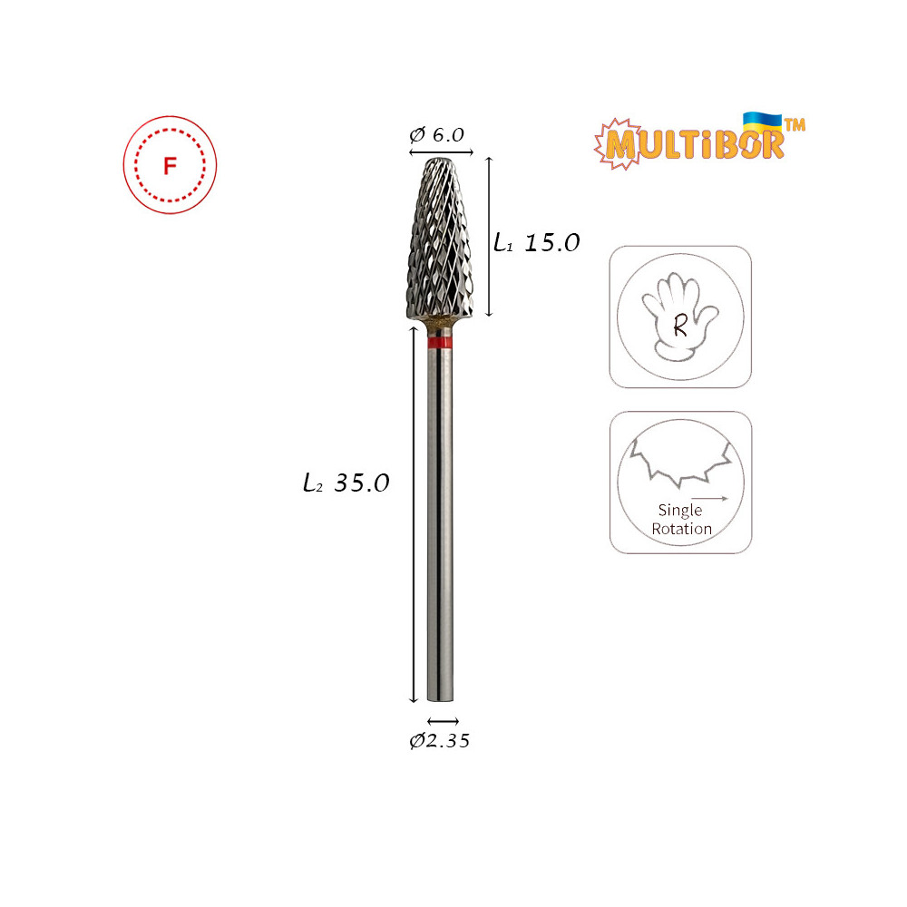 Fresa mais in metallo duro Multibor Ø6,0 mm taglio incrociato fine LL 15,0 mm per manicure, pedicure e uso professionale
