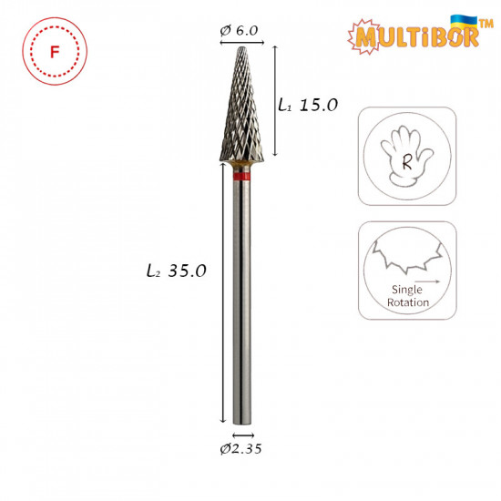 Fresa conica in metallo duro Multibor Ø6,0 mm taglio incrociato fine LL 15,0 mm per manicure e pedicure