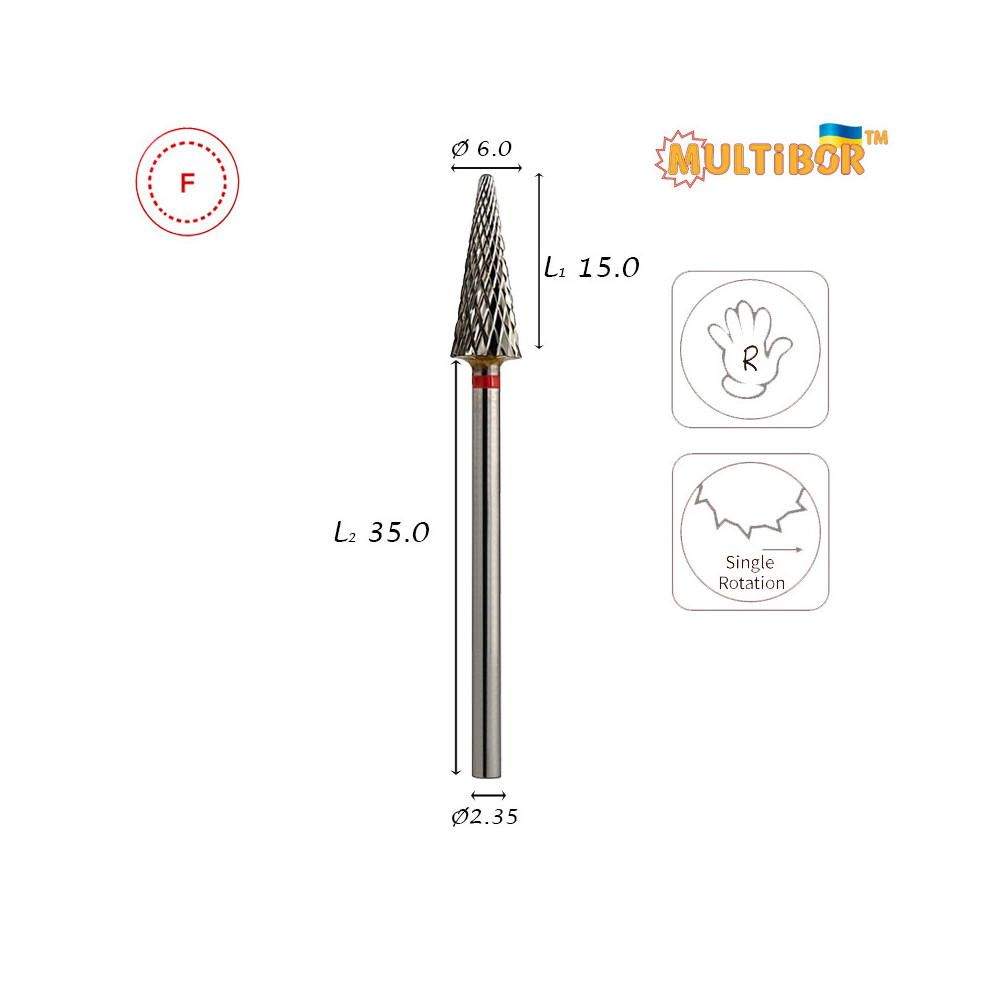 Fresa conica in metallo duro Multibor Ø6,0 mm taglio incrociato fine LL 15,0 mm per manicure e pedicure