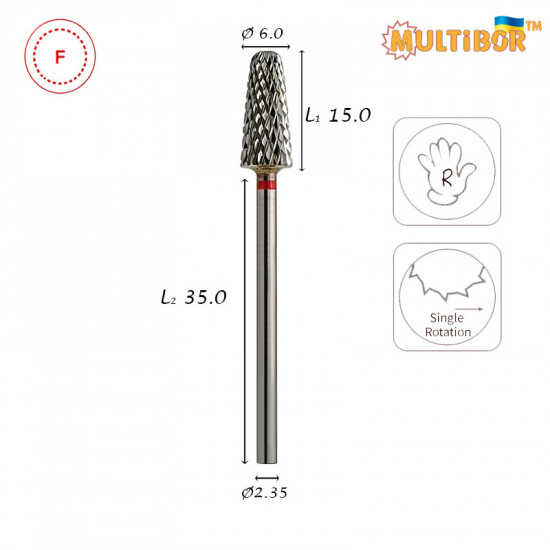 Multibor carbide cone bit Ø6.0 mm fine cross cut WL 15.0 mm for professional manicure, pedicure and nail work