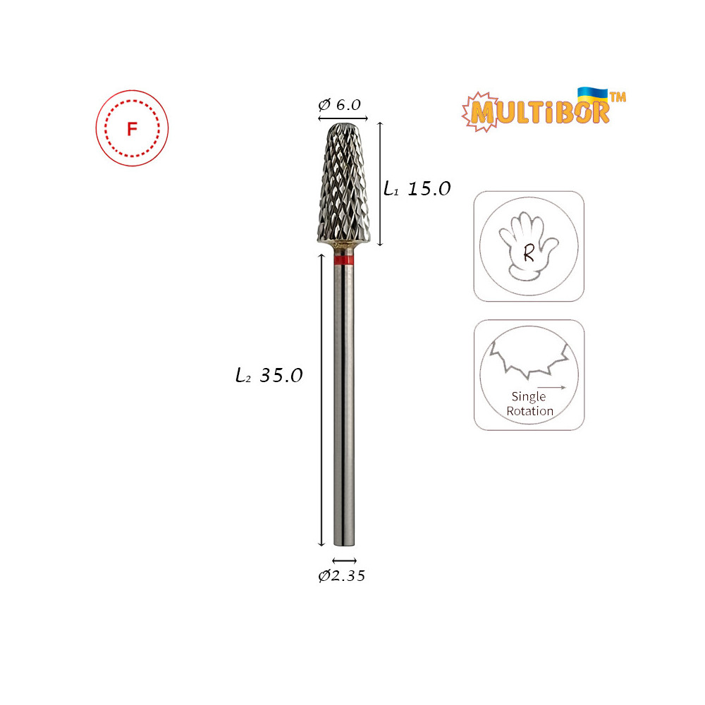 Fresa conica in metallo duro Multibor Ø6,0 mm taglio incrociato fine LL 15,0 mm per manicure e pedicure