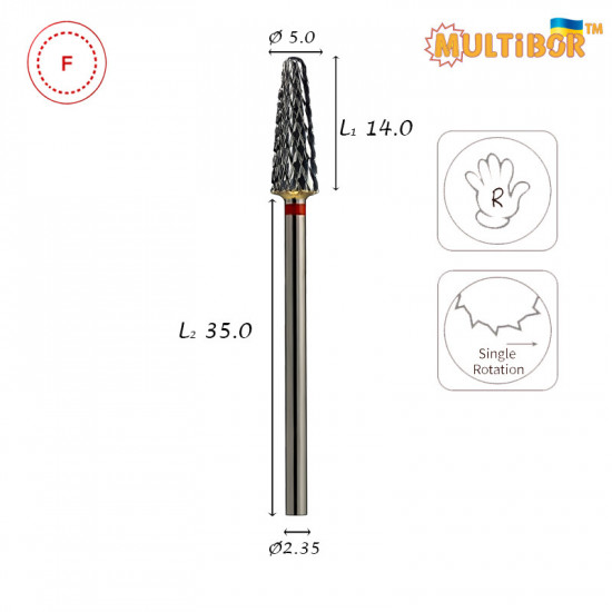 Fresa conica in metallo duro Multibor Ø5,0 mm taglio incrociato fine LL 14,0 mm per manicure e pedicure