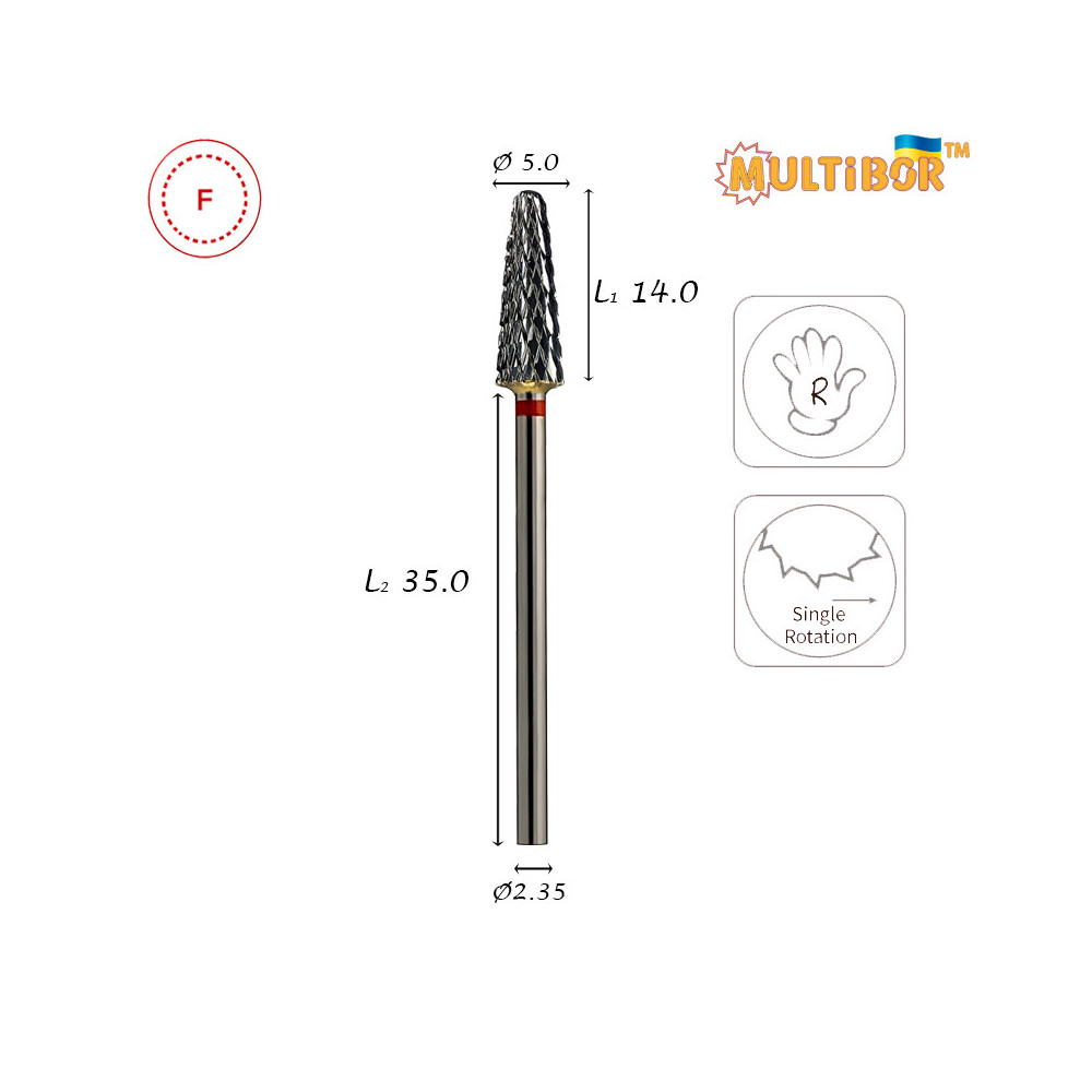 Fresa cónica de carburo Multibor Ø5,0 mm corte cruzado fino LT 14,0 mm para manicura y pedicura profesional