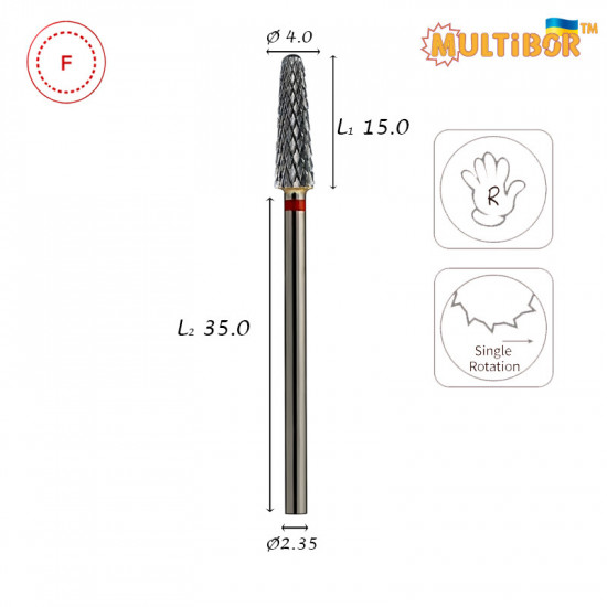 Fresa conica in metallo duro Multibor Ø4,0 mm taglio incrociato fine LL 15,0 mm per manicure e pedicure