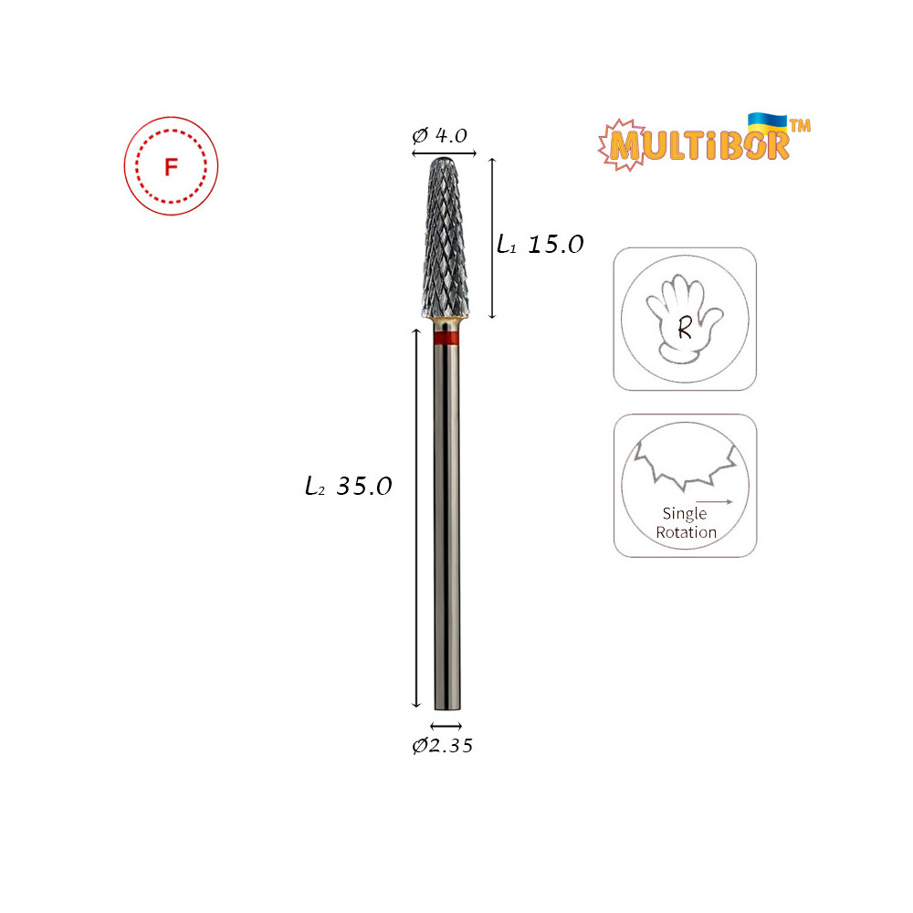 Fresa conica in metallo duro Multibor Ø4,0 mm taglio incrociato fine LL 15,0 mm per manicure e pedicure