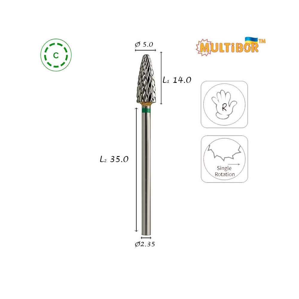 Multibor carbide cone bit Ø5.0 mm coarse cross cut WL 14.0 mm for gel, acrylic and artificial nail removal