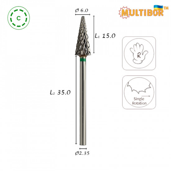 Fresa cónica de carburo Multibor Ø6,0 mm corte cruzado grueso LT 15,0 mm para retirar gel y acrílico