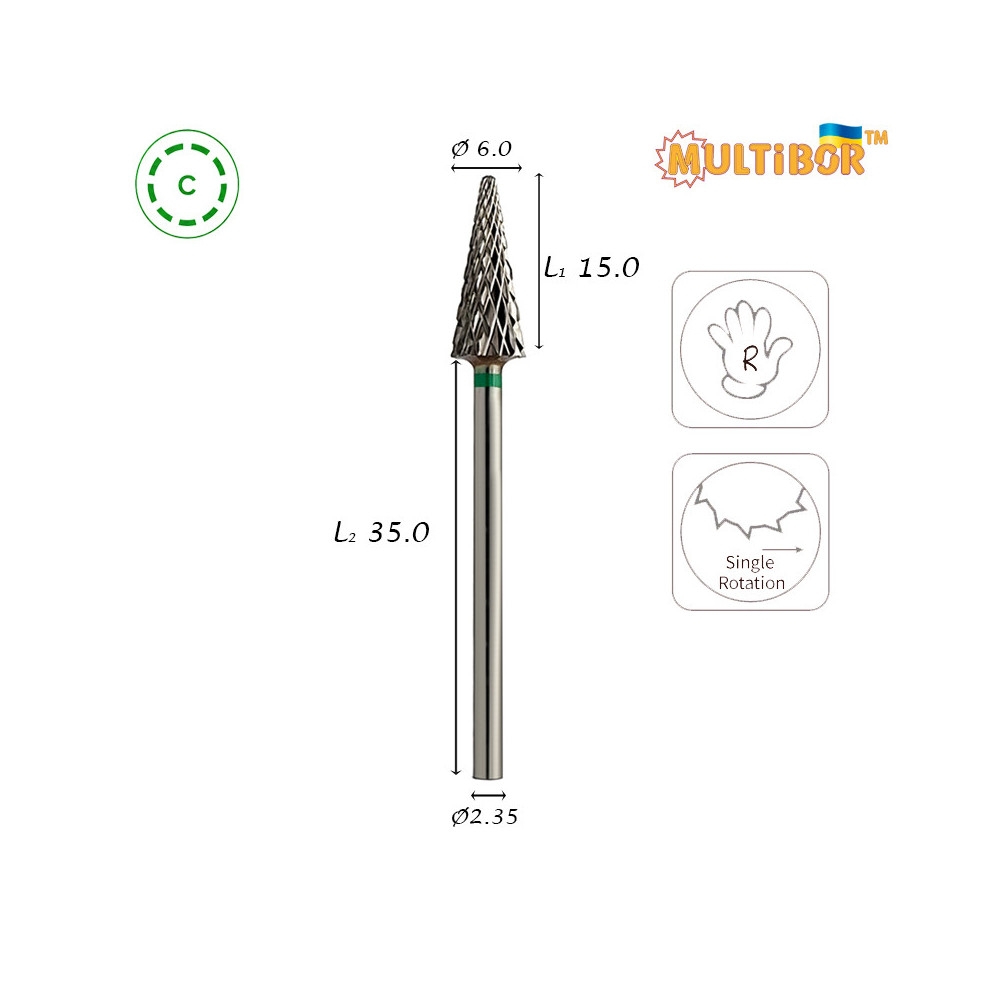 Fresa cónica de carburo Multibor Ø6,0 mm corte cruzado grueso LT 15,0 mm para retirar gel y acrílico