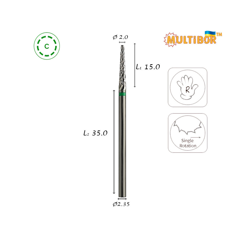 Multibor Hartmetallfräser Konus Ø2,0 mm grobe Kreuzverzahnung AL 15,0 mm zum präzisen Abtragen von Gel und Acryl