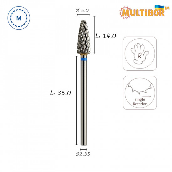 Multibor carbide cone bit Ø5.0 mm medium cross cut WL 14.0 mm for gel, acrylic and artificial nail correction