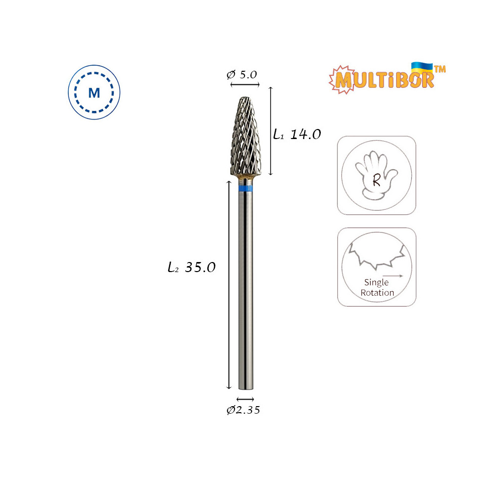 Multibor carbide cone bit Ø5.0 mm medium cross cut WL 14.0 mm for gel, acrylic and artificial nail correction
