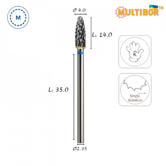 Fresa de carburo maíz Multibor Ø4,0 mm corte cruzado medio LT 14,0 mm para corregir gel y acrílico