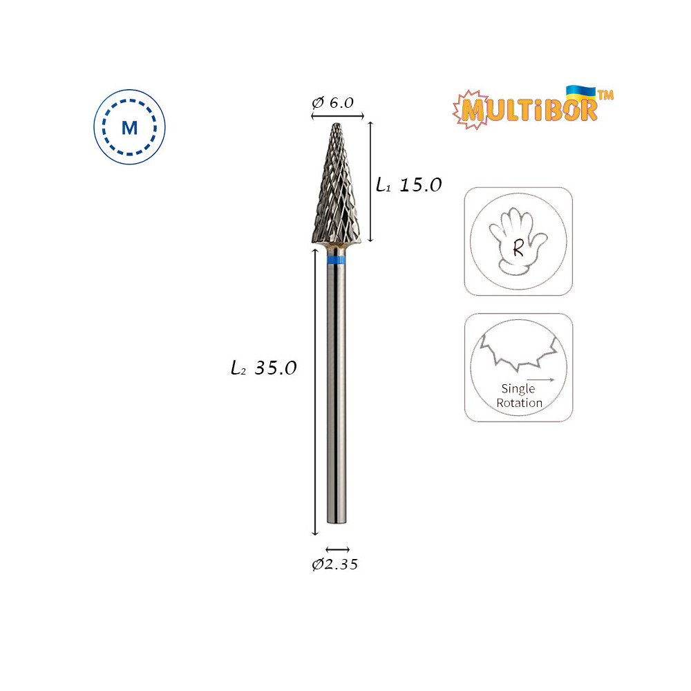 Multibor Hartmetallfräser Konus Ø6,0 mm mittlere Kreuzverzahnung AL 15,0 mm für Gel- und Acrylkorrektur