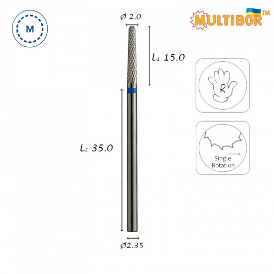 Fresa conica in metallo duro Multibor Ø2,0 mm taglio incrociato medio LL 15,0 mm per correzione di gel e acrilico
