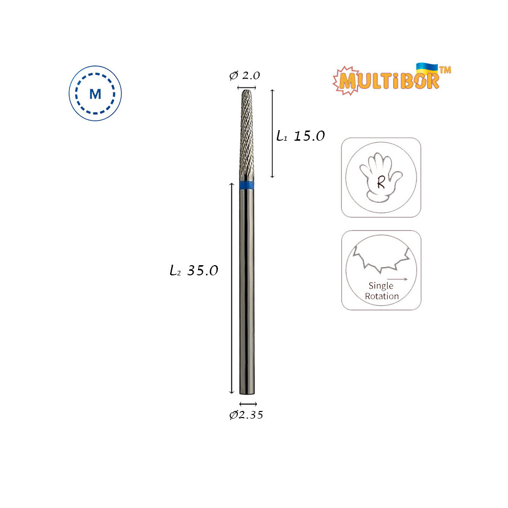Fresa conica in metallo duro Multibor Ø2,0 mm taglio incrociato medio LL 15,0 mm per correzione di gel e acrilico