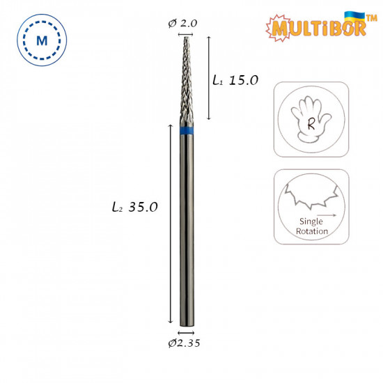 Multibor carbide cone bit Ø2.0 mm medium cross cut WL 15.0 mm for precise gel, acrylic and artificial nail correction