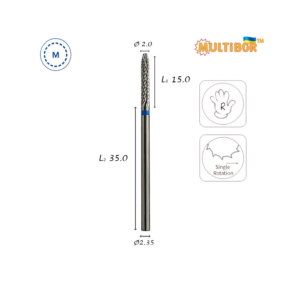 Multibor Hartmetallfräser Konus Ø2,0 mm mittlere Kreuzverzahnung AL 15,0 mm für präzise Gel- und Acrylkorrektur