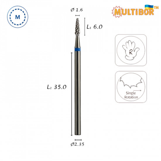 Multibor Hartmetallfräser Konus Ø1,6 mm mittlere Kreuzverzahnung AL 6,0 mm für präzise Gel- und Acrylkorrektur