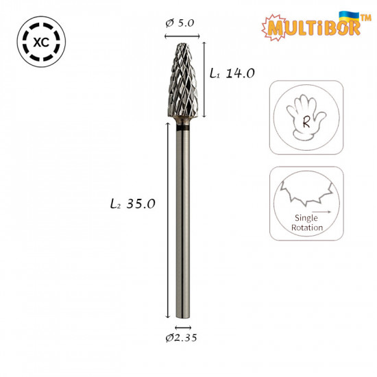 Multibor Hartmetallfräser Mais Ø5,0 mm extra grobe Kreuzverzahnung AL 14,0 mm zum schnellen Abtragen von Gel und Acryl