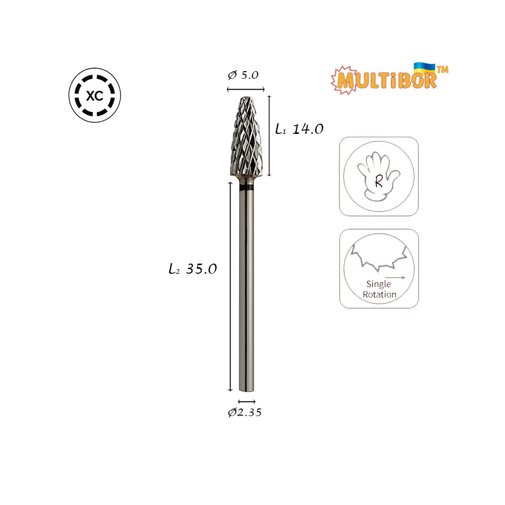 Fresa de carburo maíz Multibor Ø5,0 mm corte cruzado extra grueso LT 14,0 mm para retirar gel y acrílico