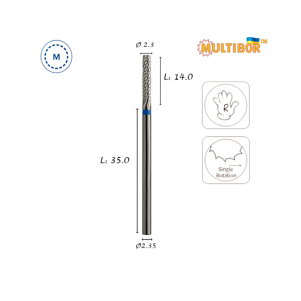 Multibor carbide cylinder bit Ø2.3 mm medium cross cut WL 14.0 mm for gel, acrylic and artificial nail correction