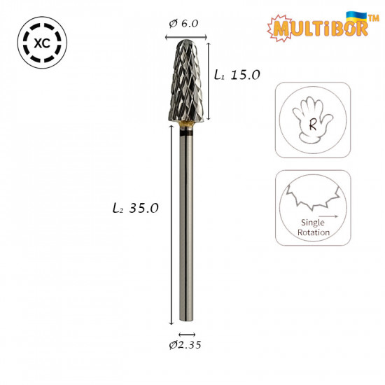 Fresa conica in metallo duro Multibor Ø6,0 mm taglio incrociato extra grosso LL 15,0 mm per rimuovere gel e acrilico