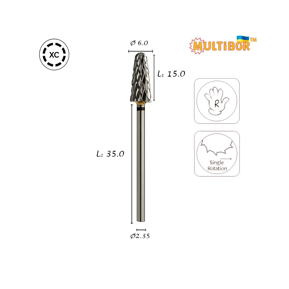 Multibor Hartmetallfräser Konus Ø6,0 mm extra grobe Kreuzverzahnung AL 15,0 mm zum schnellen Abtragen von Gel und Acryl