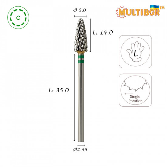Fresa cónica de carburo Multibor Ø5,0 mm corte cruzado grueso LT 14,0 mm solo para zurdos