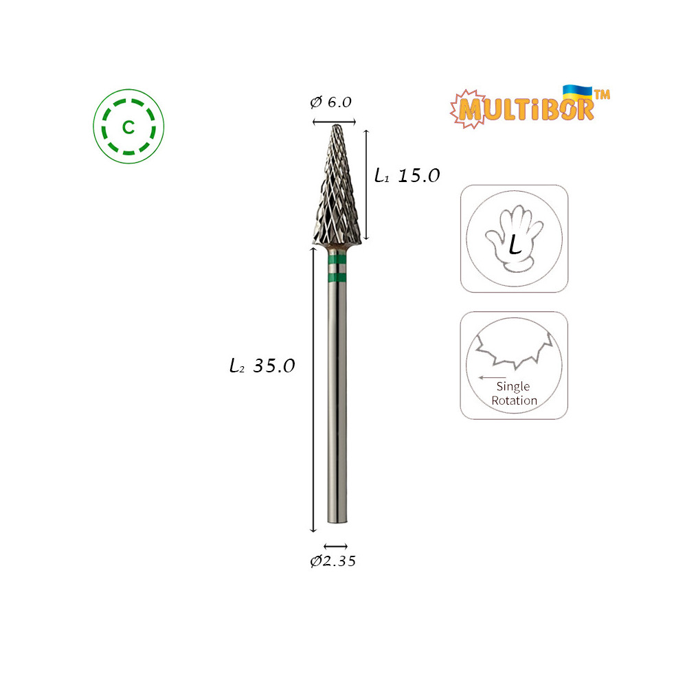 Fresa cónica de carburo Multibor Ø6,0 mm corte cruzado grueso LT 15,0 mm solo para zurdos