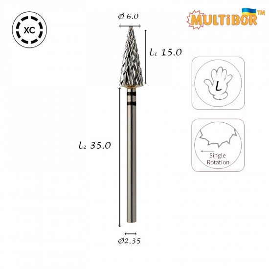 Fresa cónica de carburo Multibor Ø6,0 mm corte cruzado grueso LT 15,0 mm solo para zurdos