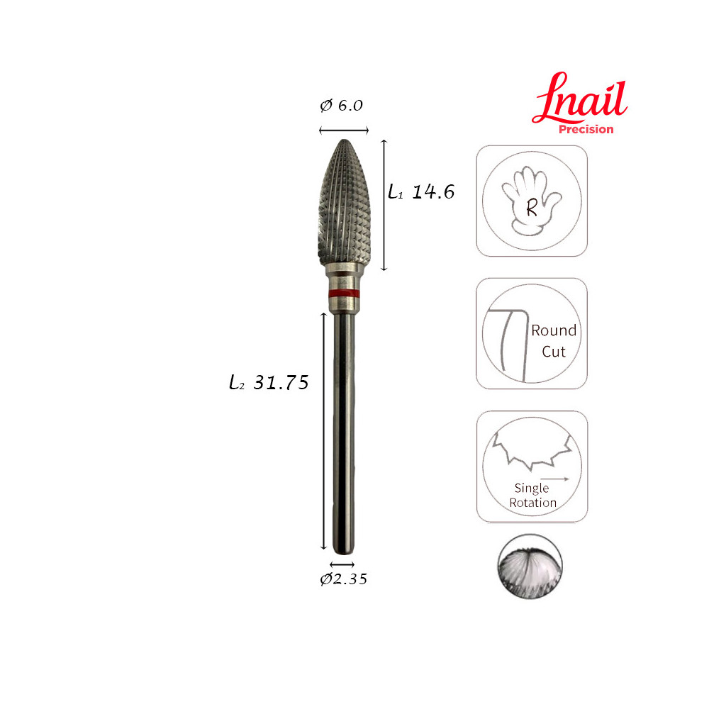 Lnail Carbide Flame Bit Ø6.0 mm Fine Long Cut WL 14.6 mm for correction and finishing of artificial nail material