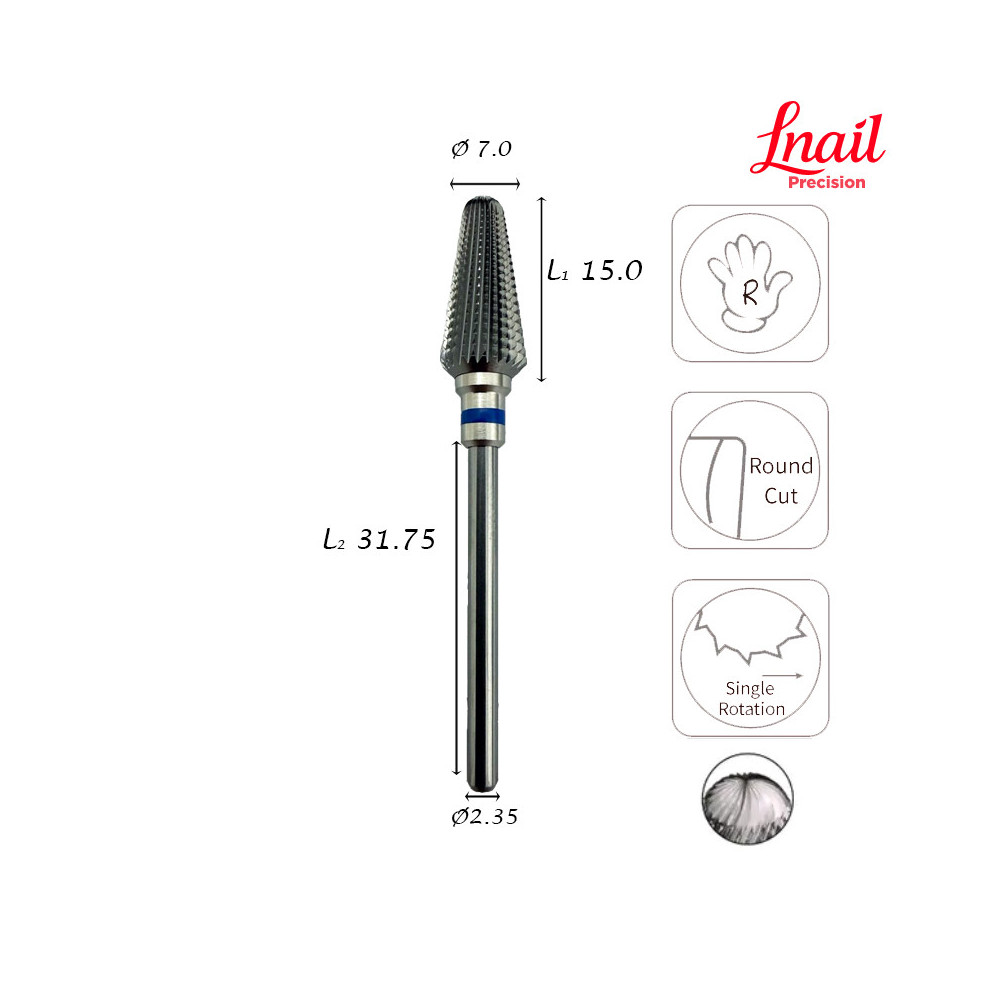 Fresa conica in metallo duro Lnail Ø7,0 mm taglio lungo medio LL 15,0 mm per correzione, modellazione e levigatura