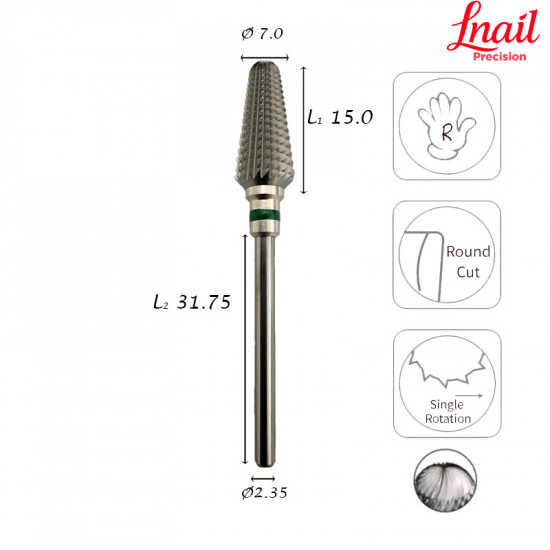 Твердосплавная фреза Конус Lnail Ø7,0 мм, грубая удлинённая нарезка, рабочая длина 15,0 мм