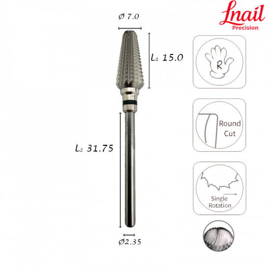 Lnail Carbide Cone Bit Ø7.0 mm Extra Coarse Long Cut WL 15.0 mm for intensive artificial nail material removal