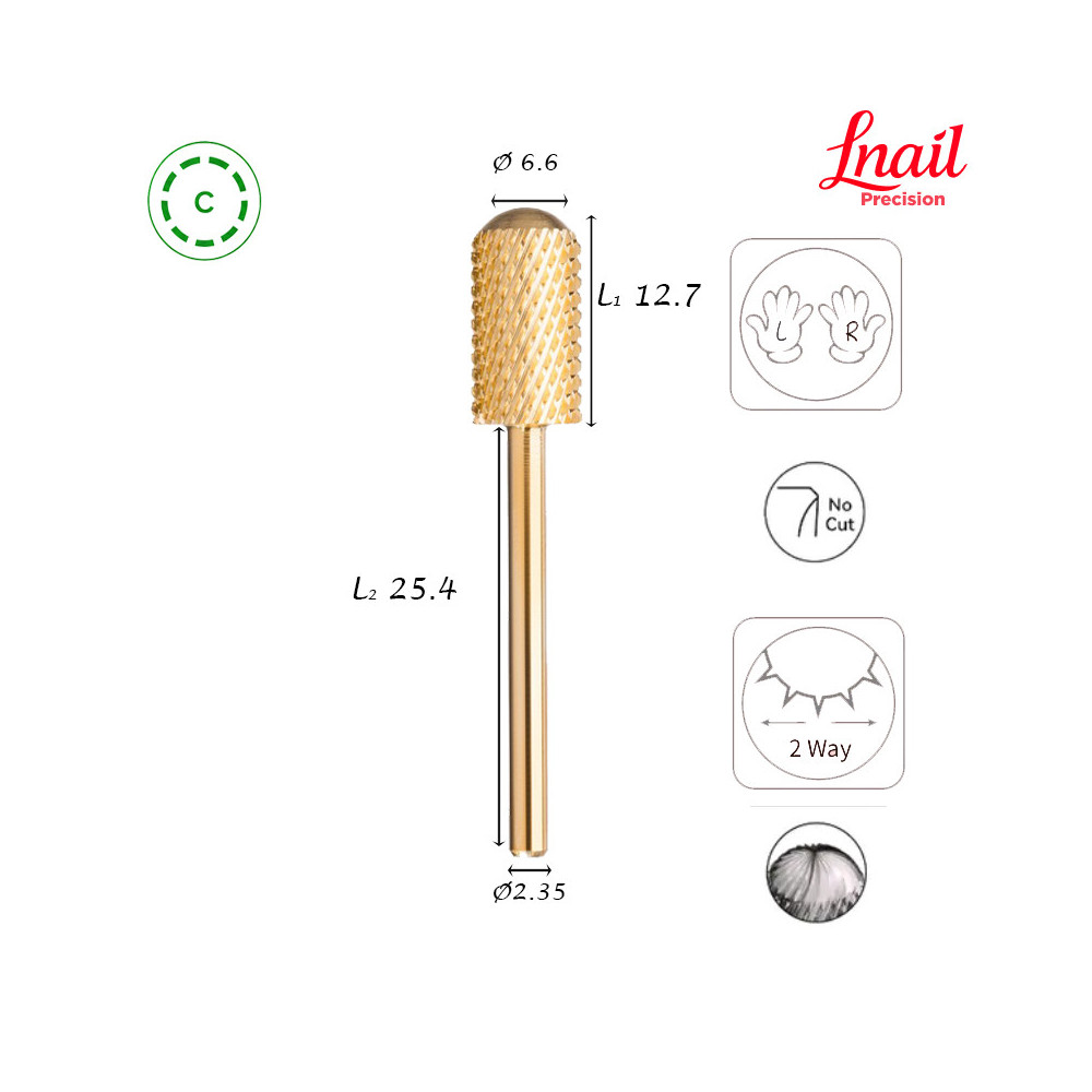 Lnail Carbide Cylinder Bit Ø6.6 mm Coarse Gold Coating Cross Cut WL 12.7 mm L/R